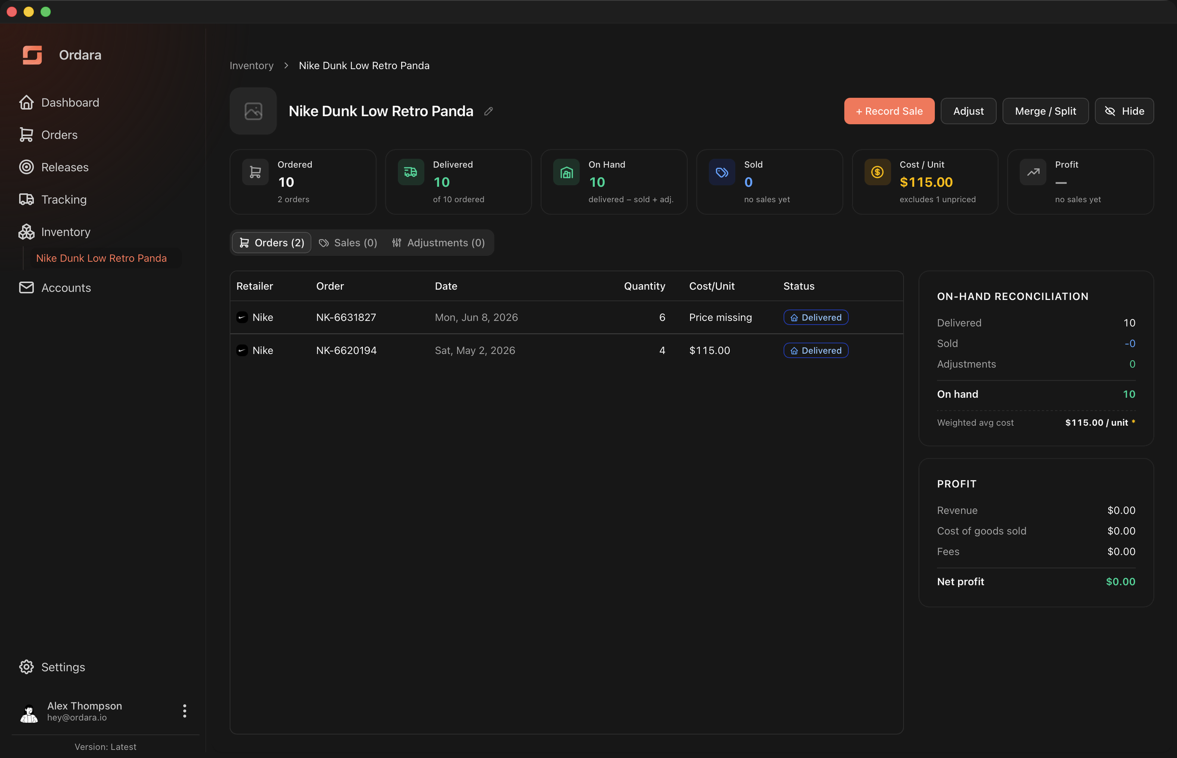 Orders tab